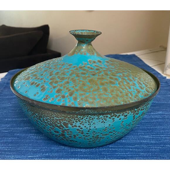 VTG Hanova of Pasadena MCM Aqua Olive Green Lava Enamel Lidded Brutalist Bowl - Picture 1 of 6
